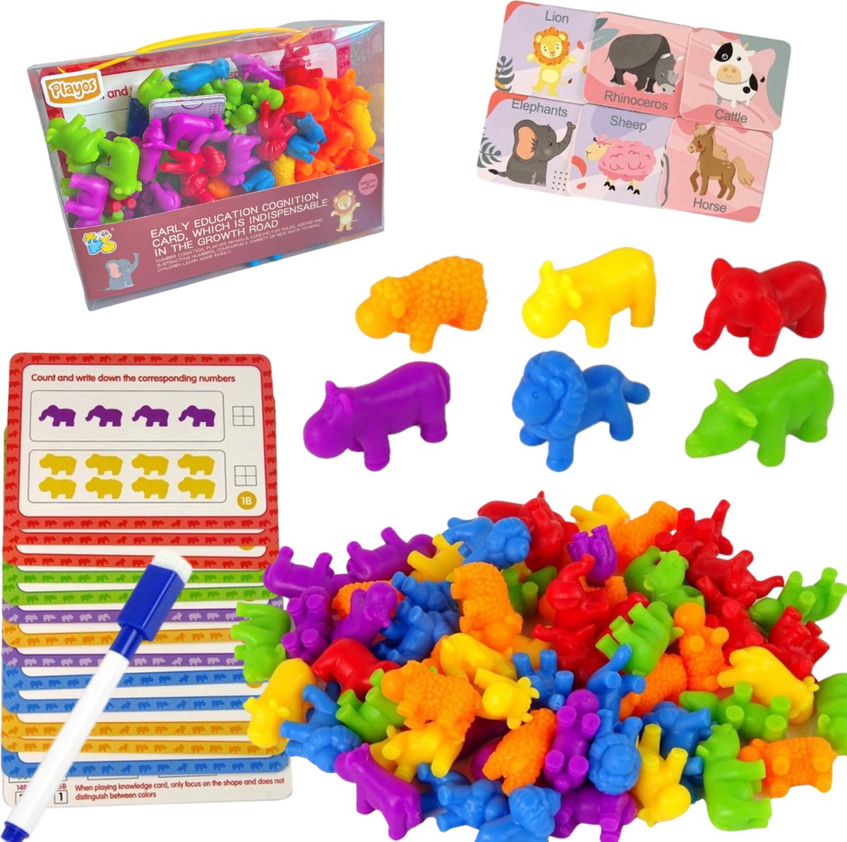 Playos® - Tellen en Sorteren - met Kaarten - Safari - XL - Montessori Speelgoed - Cognitief - Tel- en Sorteerset - Kleuren - Vormen - Figuren - Educatief Speelgoed - Sensorisch en Motorisch Speelgoed
