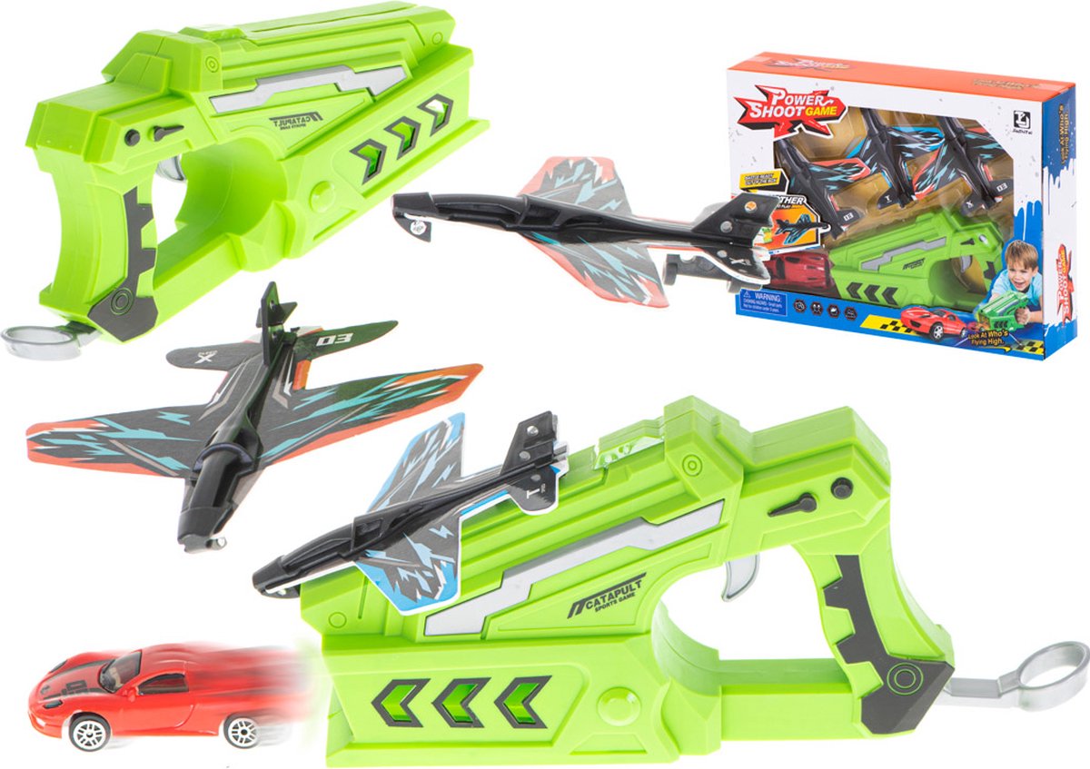 Playos® - Vliegtuig & Auto Launcher - Groen - met 3 Vliegtuigen en 1 Auto - Vliegtuigschieter - Airplane Launcher - Car Launcer - Auto Schieter