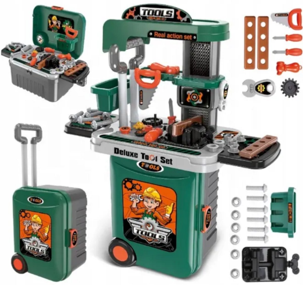  ® - Werkbank Trolley - Groen - in Koffer - 66 cm x 50 cm x 21 cm - Werkplaatstafel - Rollenspel Speelgoed - Vakantie Speelgoed