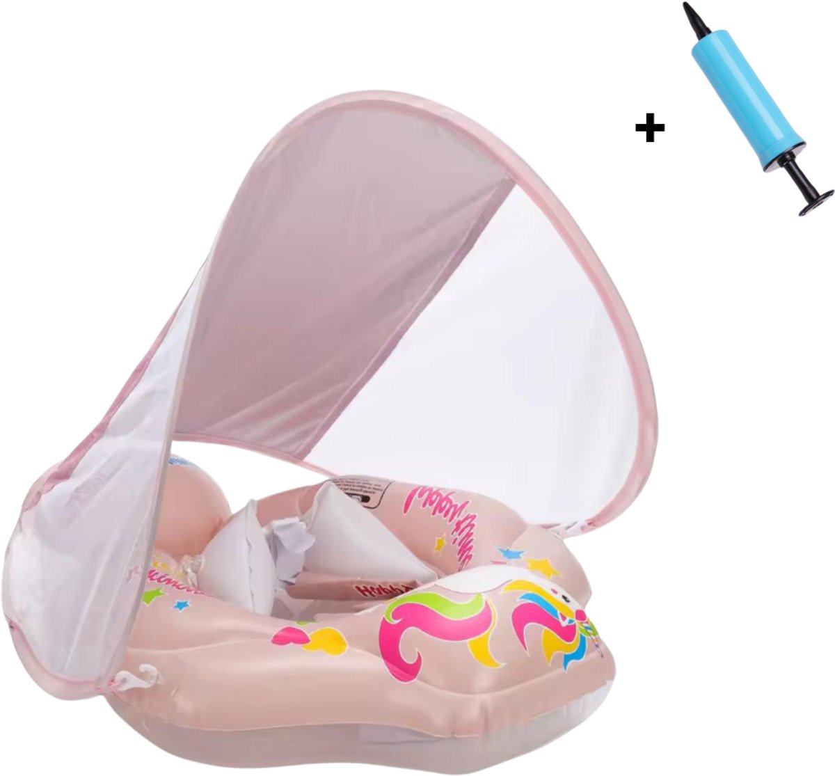 Playos® - Zwemband met Zonnescherm en Zitje - Roze - Maat S - tot 9 kilo - Inclusief Pompje - Peuter en Baby - Zwemring - Babyzwemband - Babyfloat - Zwemtrainer - Zwemstoel - Leren Zwemmen