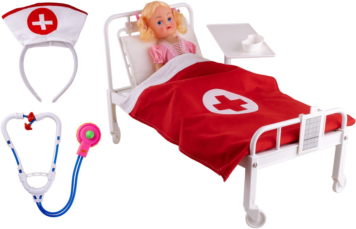 Playtime - Verpleegster speelset - Ziekenhuisbedje + pop + stethoscoop + diadeem verpleegster