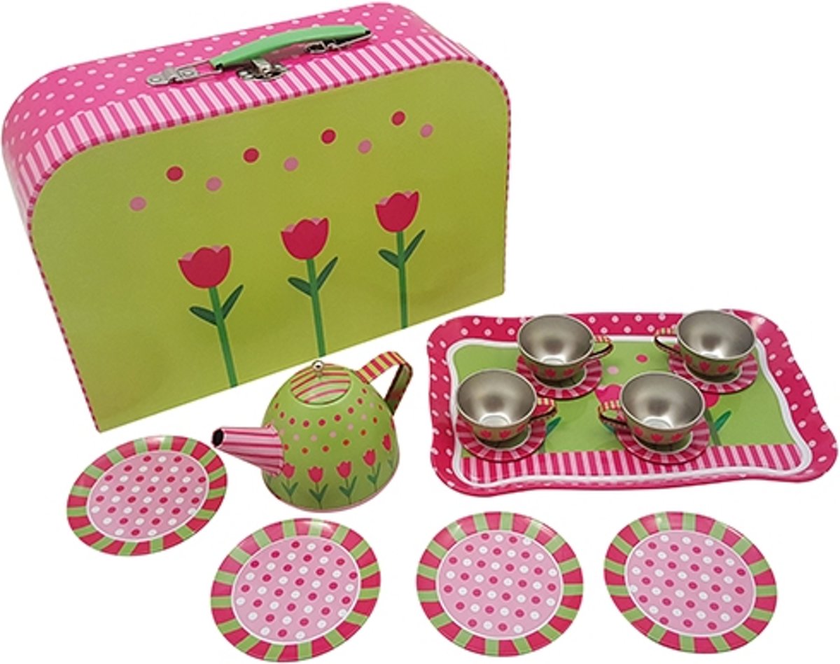 Blikken servies tulpen in koffer tinnen theeservies serviesje