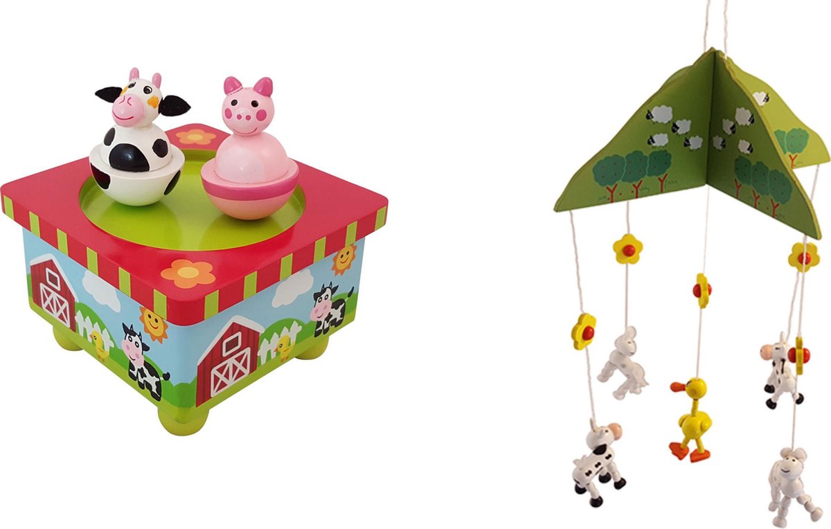 Houten muziekdoos Koe/Varken en mobiel boerderijdieren U krijgt 2 artikelen geleverd voor de prijs van 1