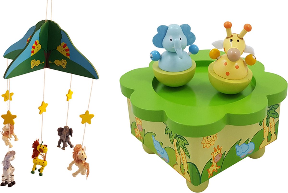 Houten muziekdoos Olifant/Giraffe  en mobiel jungle U krijgt 2 artikelen geleverd voor de prijs van 1