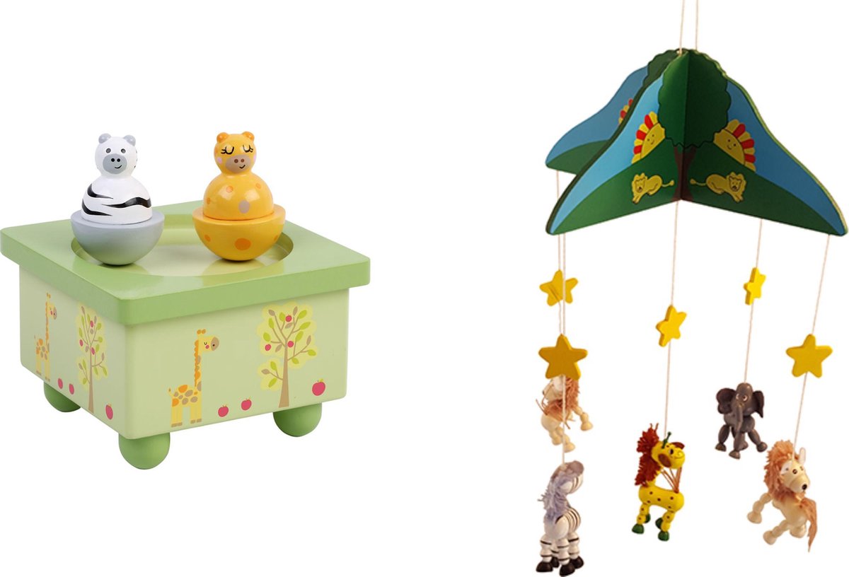 Houten muziekdoos Zebra /Giraffe en mobiel jungle U krijgt 2 artikelen geleverd voor de prijs van 1