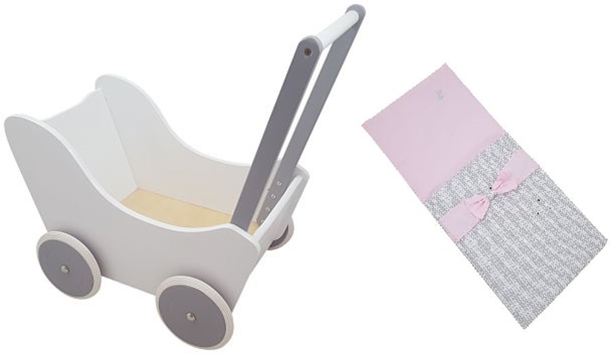 Houten poppenwagen wit zilver met dekje