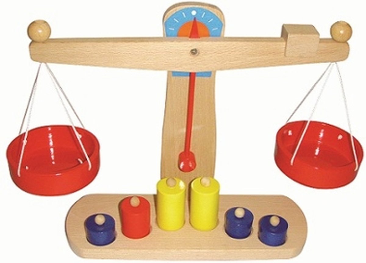 Houten weegschaal rode bakjes