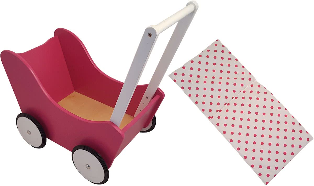 Playwood - Houten Poppenwagen  fuchsia roze - inclusief dekje wit met roze stippen