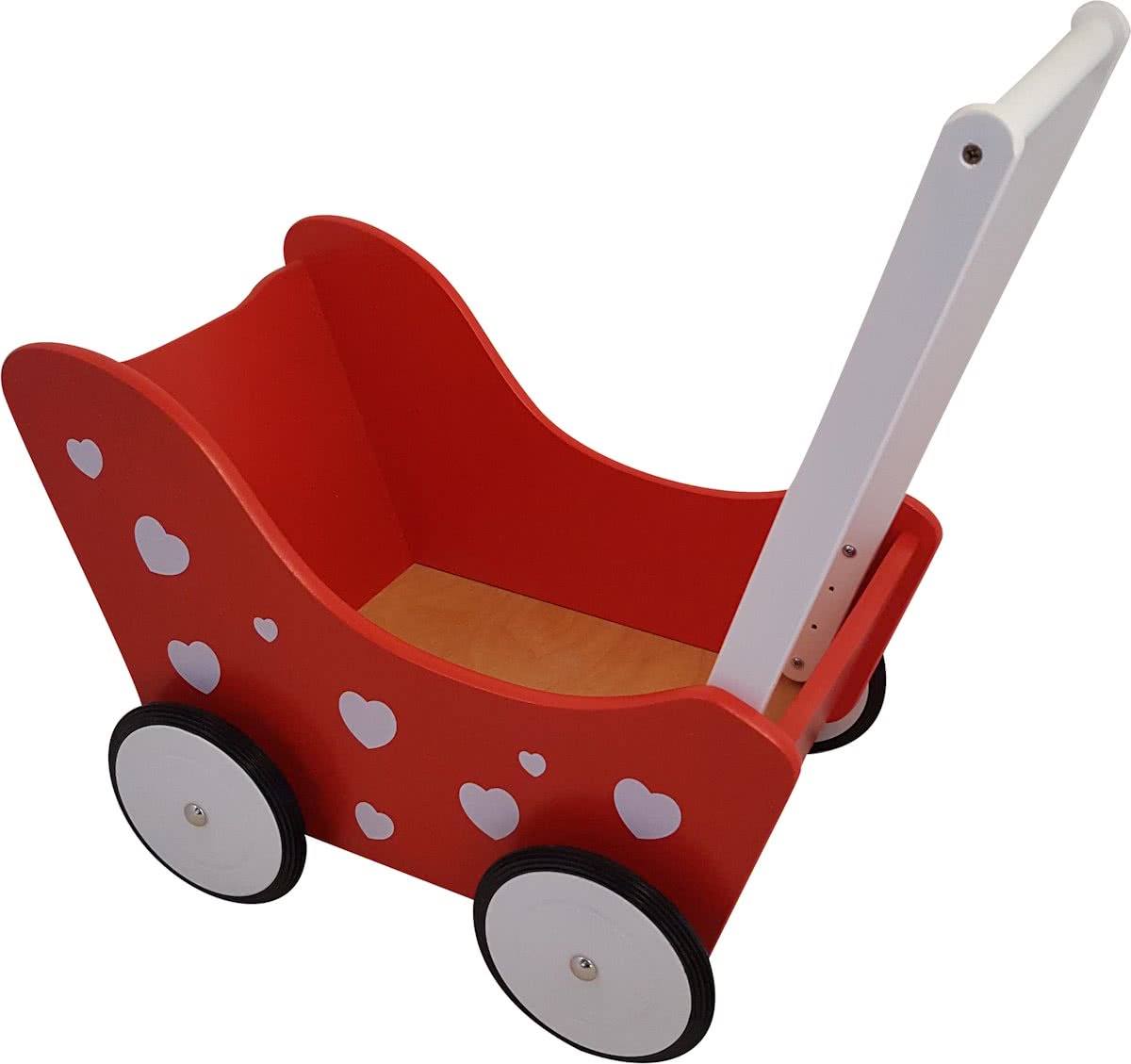   - Houten Poppenwagen rood met witte hartjes