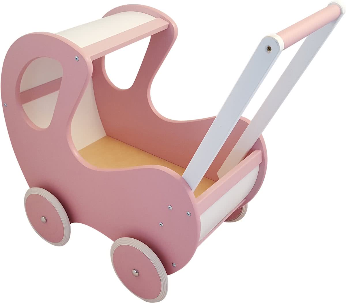   - Houten Poppenwagen roze / wit klassiek met kap