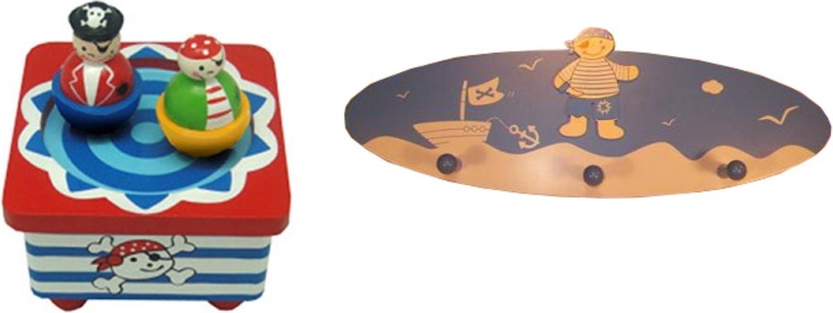   - Houten muziekdoos dansende piraten en een Kinderkapstok piraat U krijgt 2 artikelen geleverd voor de prijs van 1