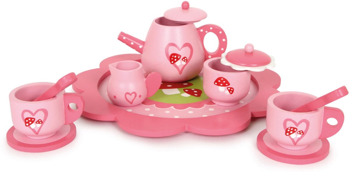   - Houten thee serviesje met paddestoel motief - 12 delig speelgoed servies