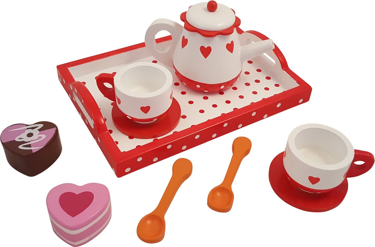   - Houten theeservies hartjes en stip op recht dienblad - Kinderservies - Speelservies