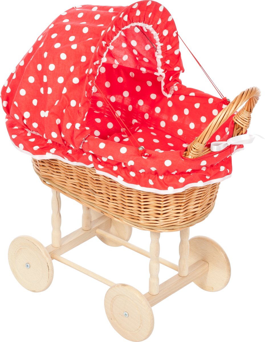  - Rieten poppenwagen rood met witte stippen met opvouwbare stoffen kap - Houten wielen