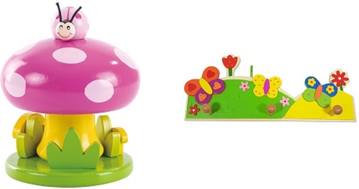     houten Paddenstoel met lieveheersbeest en een Kinderkapstok vlinder U krijgt 2 artikelen geleverd voor de prijs van 1