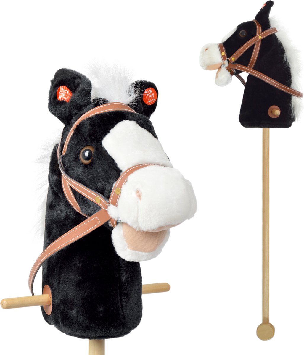 Stokpaardje met geluid Zwart met witte manen Geluidsfunctie heeft verwisselbare batterij