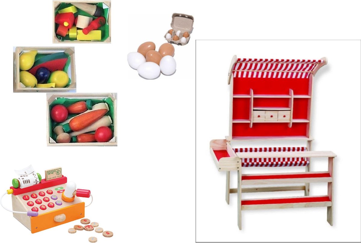 Winkel rood inclusief-Kassa- s/v 6 eieren -3 kratjes gevuld met groenten,fruit en kaas