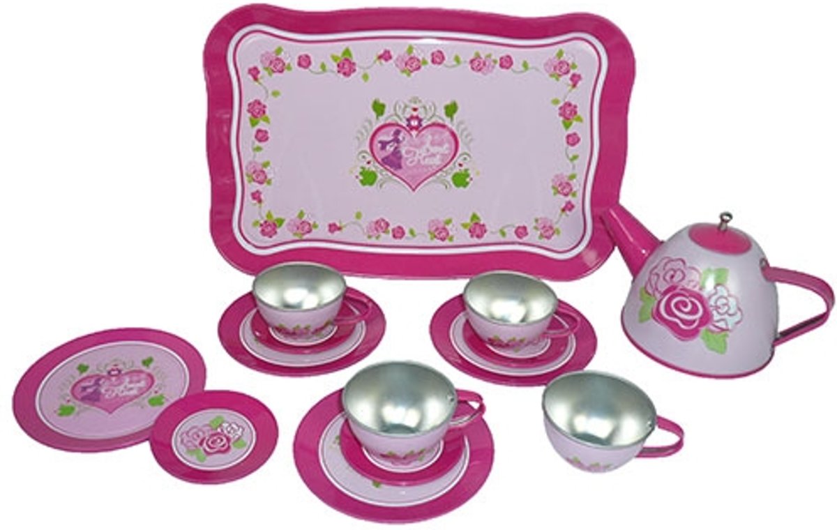 roze tinnen theeservies bloem/hartjes