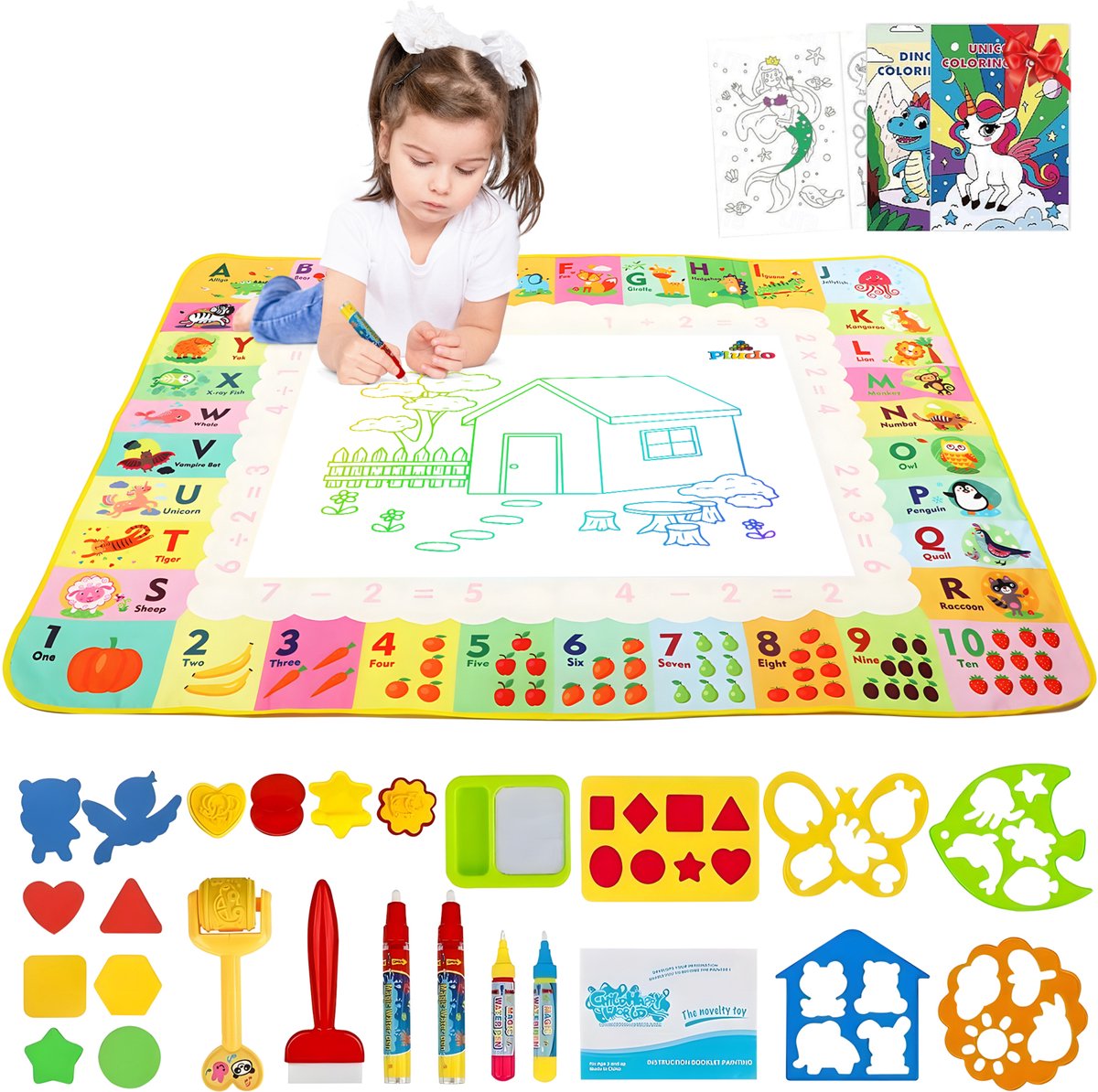 Pludo Water Tekenmat met 24 Accessoires - Montessori Speelgoed - Tekenbord Mat - Kinderspeelgoed - Speelgoed 2 Jaar - Speelgoed 3 Jaar - Speelgoed 4 Jaar - Speelgoed 5 Jaar - Educatief Speelgoed - Voor Jongens & Meisjes