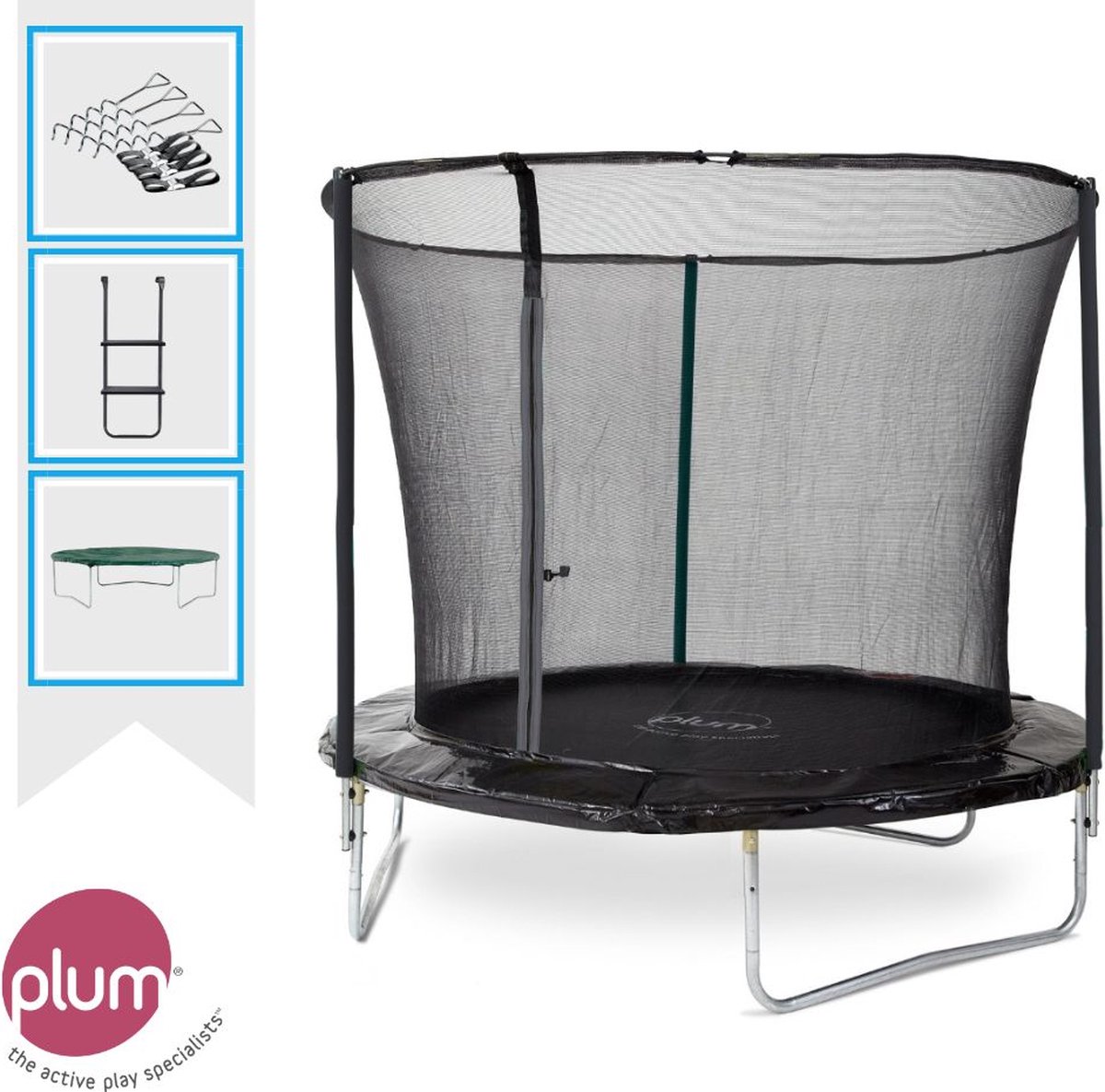 Plum Fun Trampoline met veiligheidsnet - Zwart - 244 cm - inclusief Ladder, Verankeringsset en Schoenenopbergvak