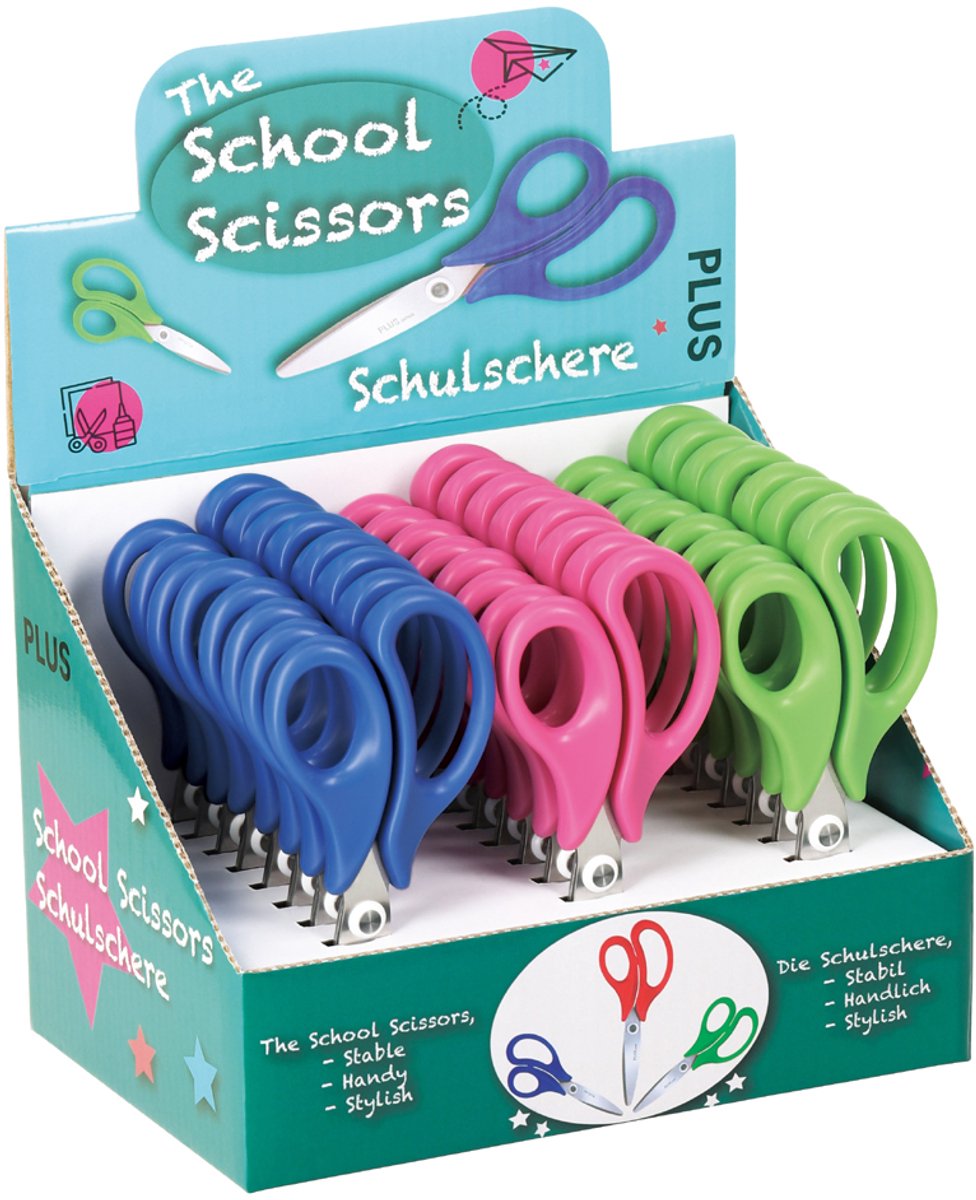 PLUS JAPAN Knutselschaar rond 145mm, 24 stuks display blauw/groen/roze