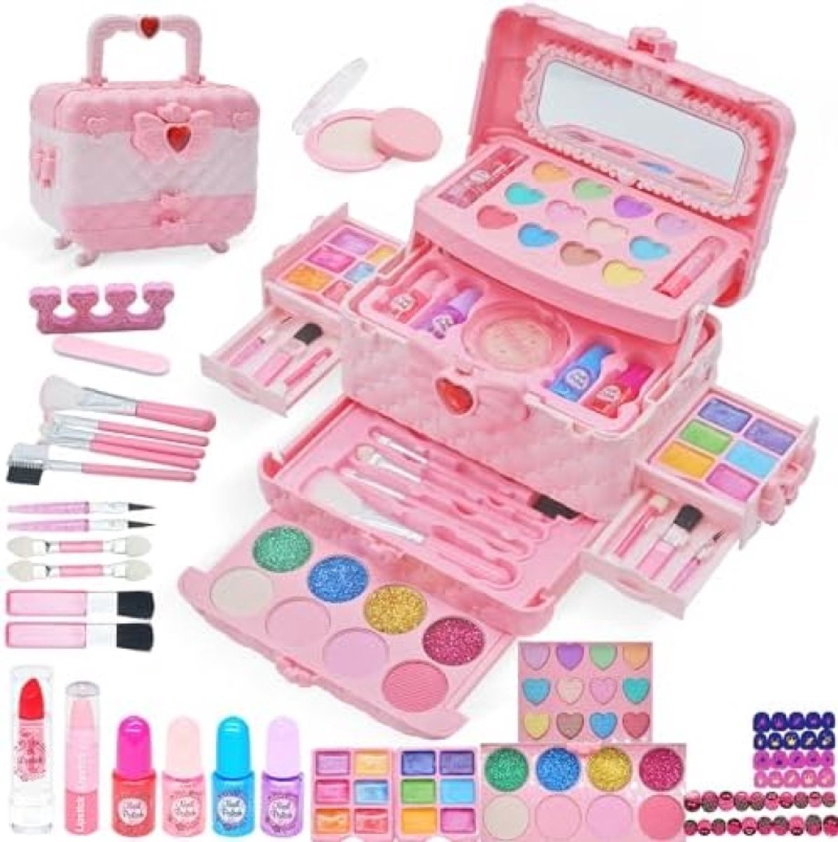 Kinder Make-up Set Meisjes 57 Delige Wasbare Speelgoed Make-up Koffer Roze Prinsessen Cosmetica Verkleedspel Halloween Kerst Verjaardagscadeau voor 4-12 Jaar