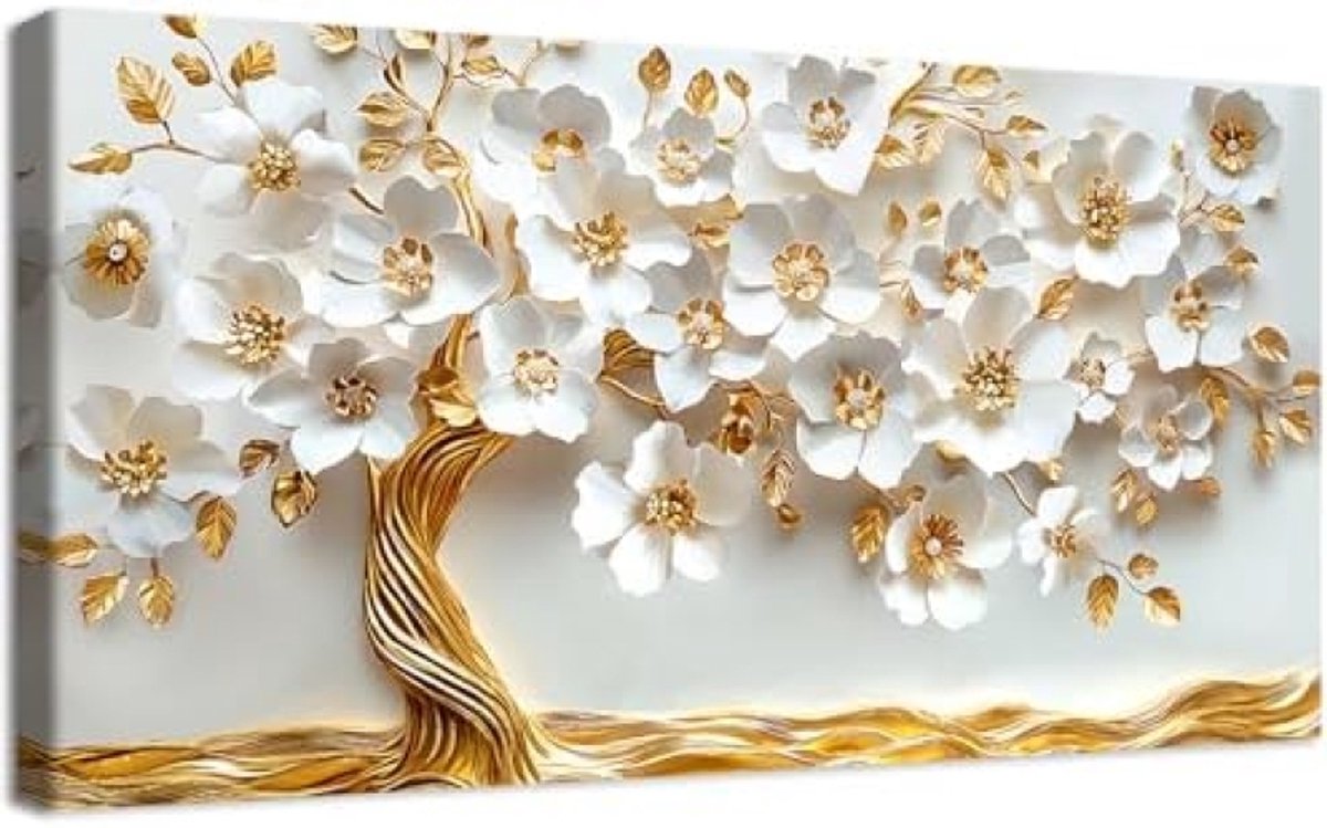 PolkaHome Grote Canvas Muurkunst - Witte Gouden Levensboom Schilderij voor Woonkamer