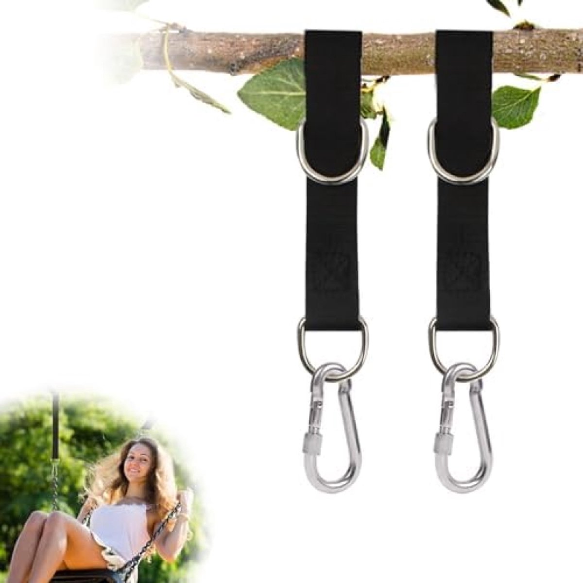   Schommelbevestiging Set van 2 - Zwarte Schommelophanging met Karabijnhaken voor Hangmatten en Schommels - Snel te Monteren en Verwijderen - Maximale Belasting 200 kg