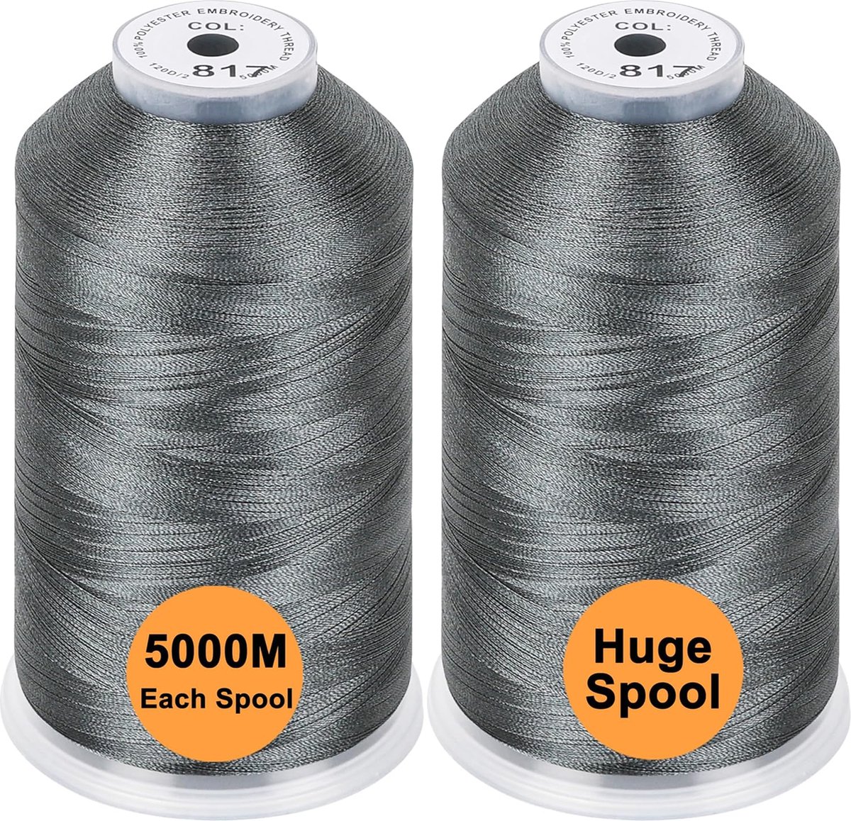 PolkaHome Set van 2 Polyester Machine Borduurgaren Enorme Spoel 5000M voor Alle Borduurmachines - Gray