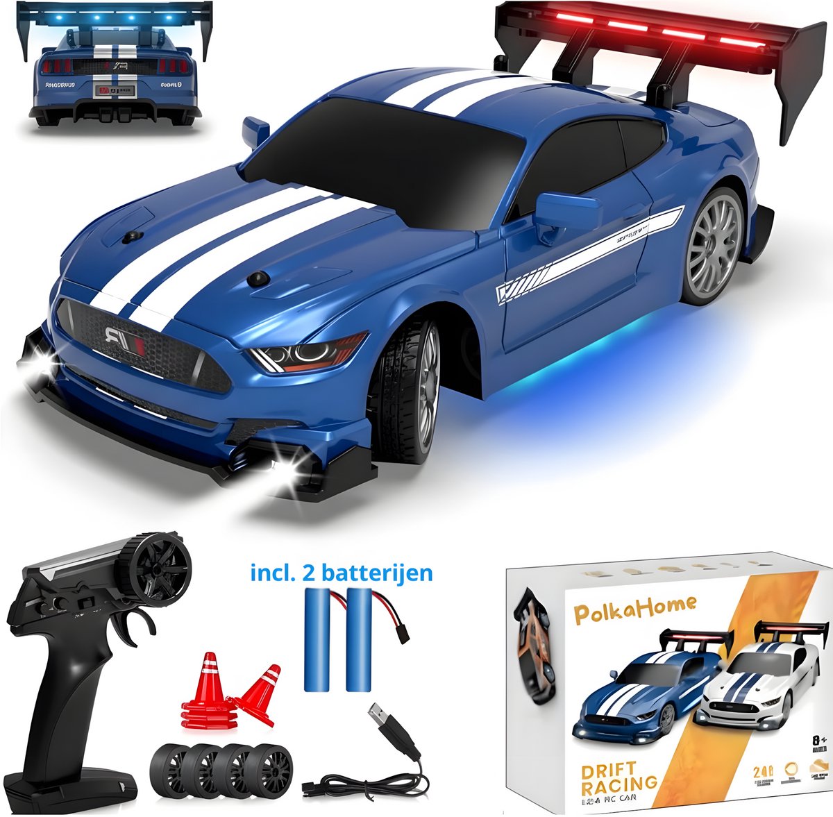 PolkaHome® Zeer snelle RC drift car - RC drift auto - RC car - RC auto drift speelgoed - Drift auto afstandsbestuurbaar 20km/uur 1:24 Afstandsbediening Driftauto, 2.4Ghz 4WD Afstandsbediening Auto met Verlichting, bestuurbare auto