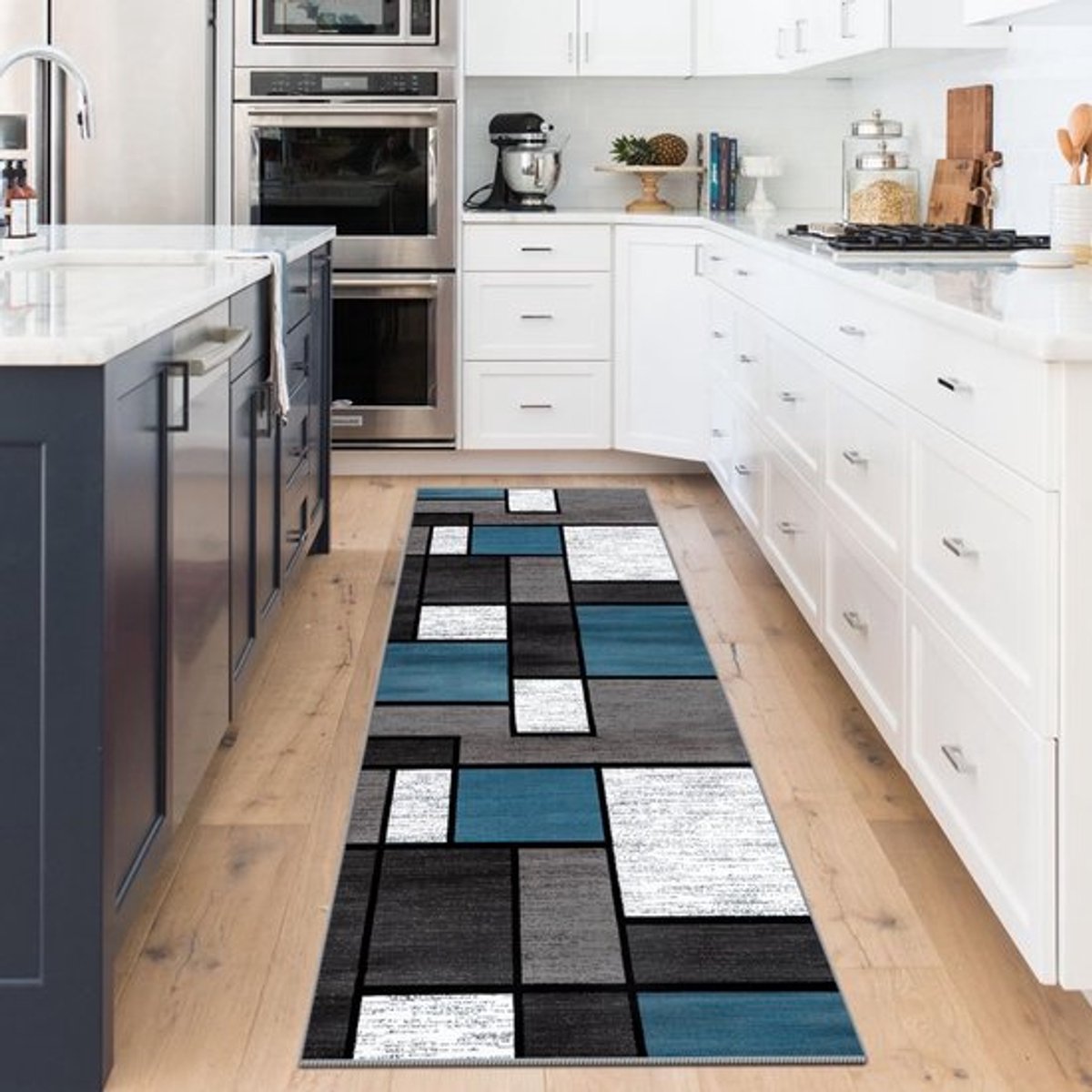 Stijlvolle en Wasbare Langwerpige Tapijtloper voor Gang, Keuken en Woonkamer in Blauw