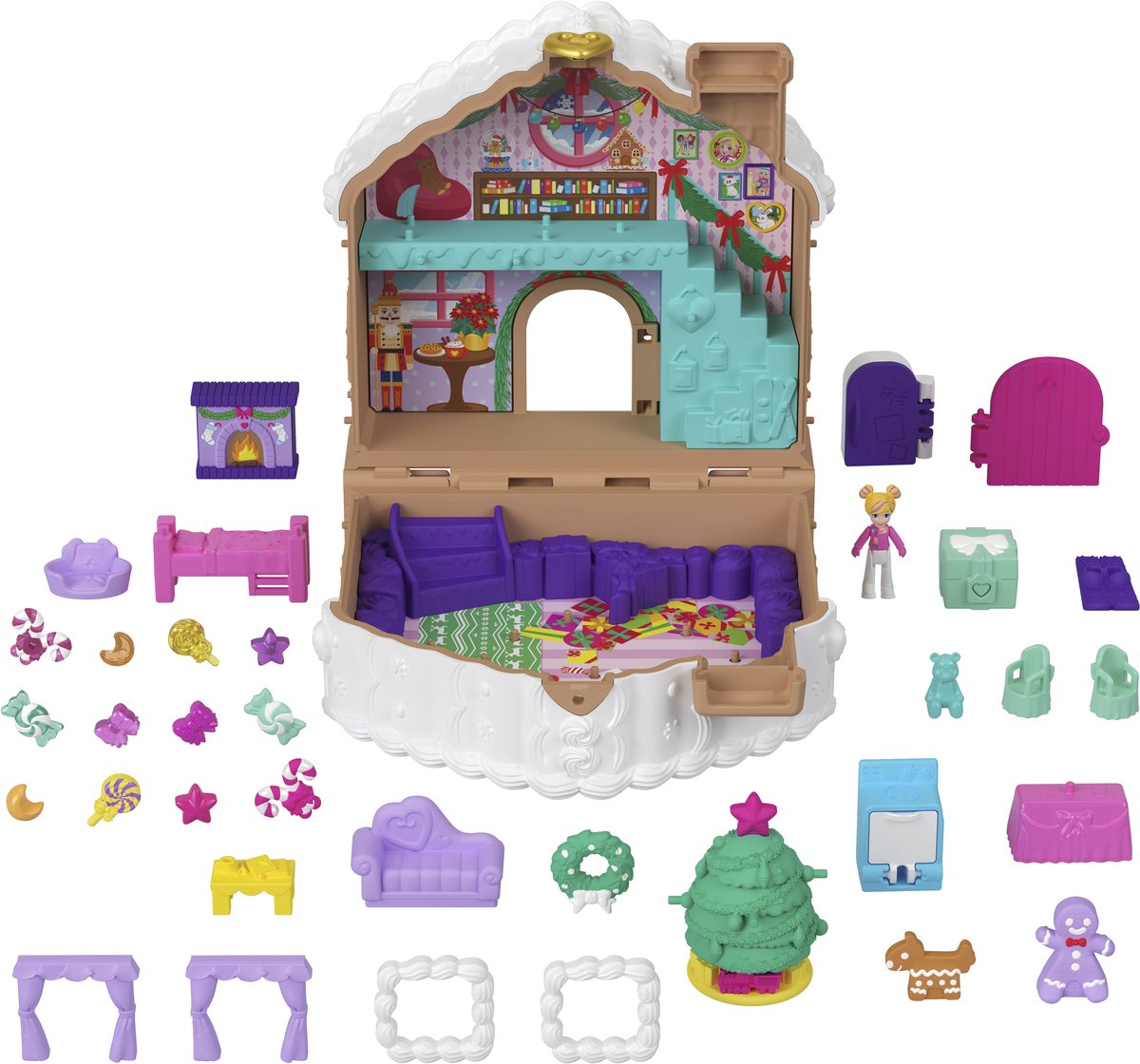 Polly Pocket Poppen en Speelsets Adventskalender, Doe-het-Zelf Peperkoekhuis met poppenhuismeubels en meer dan 24 feestelijke accessoire