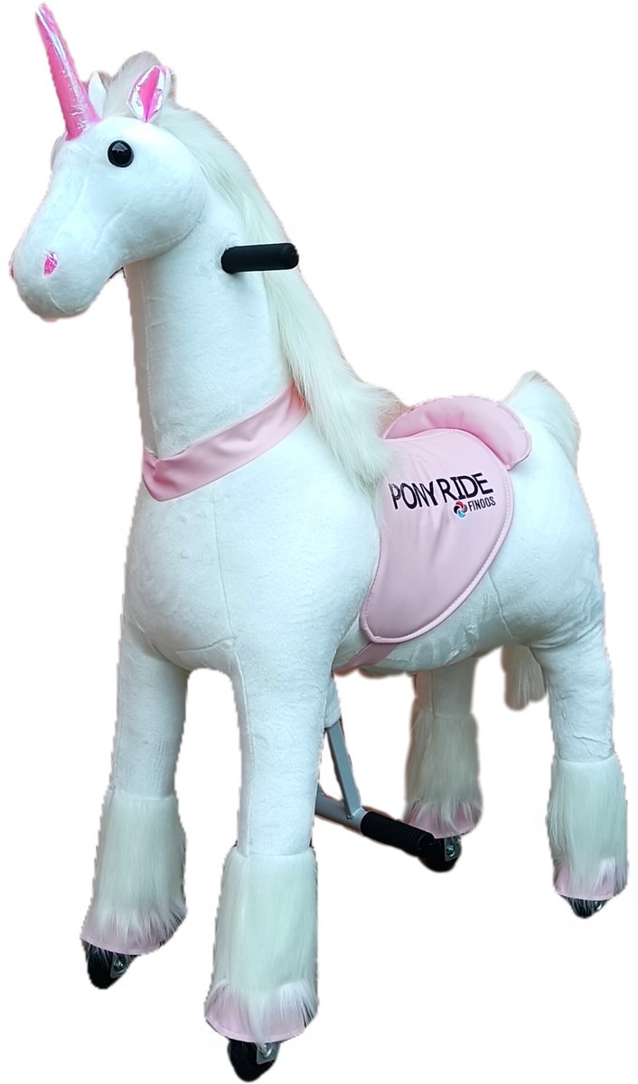PonyRide Rijdend Speelgoed Paard - Hobbelpaard - Eenhoorn - Unicorn - 74x29x79 cm - 3-6 Jaar - Inclusief Inline Skate Wieltjes en leder zitje - Roze