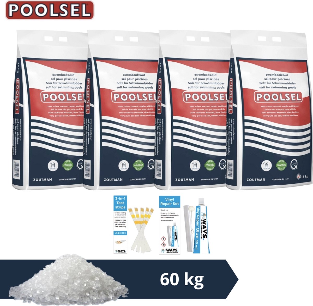 Poolsel zwembadzout - Geschikt voor zoutwatersysteem - 60 kg & WAYS Scrubborstel