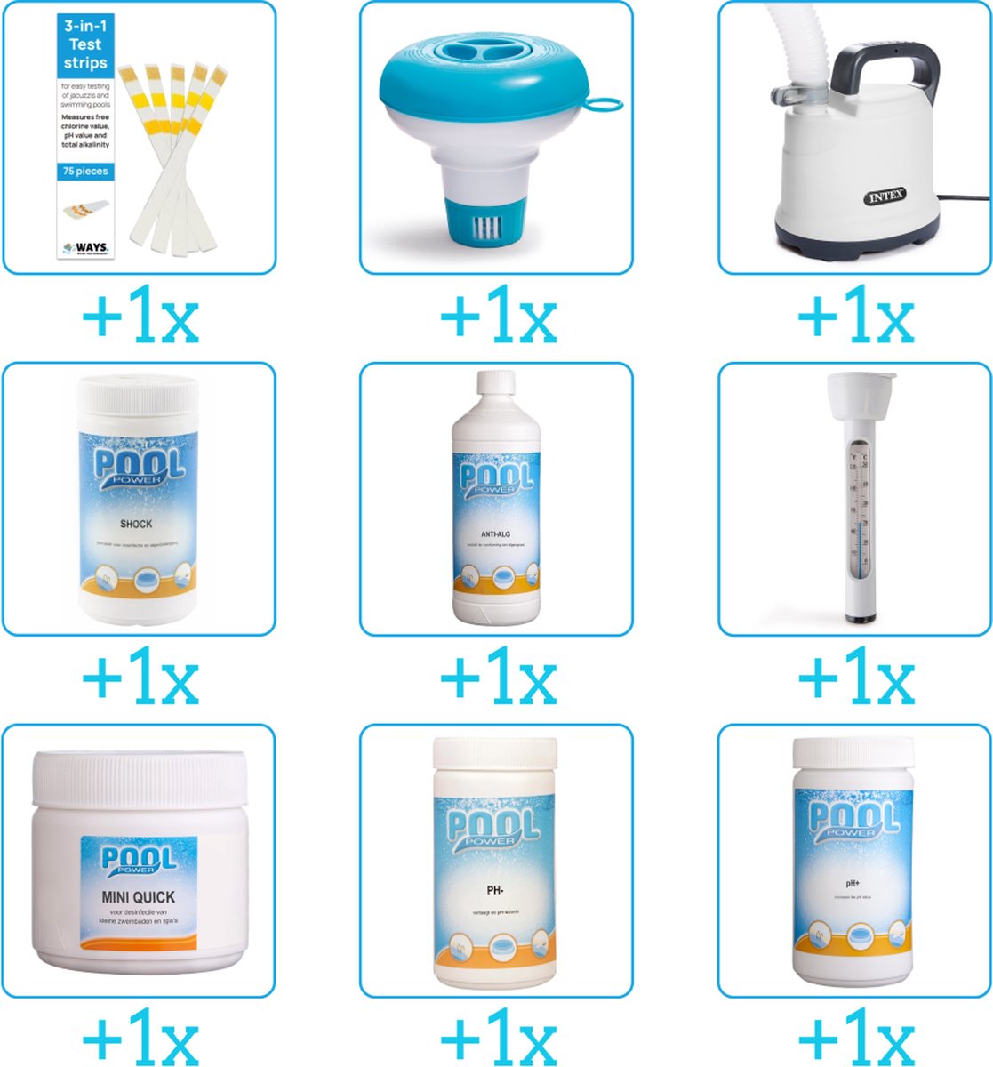 Alles-in-1 Zwembad Onderhoudspakket - bevat Chloor - PH-min - PH-plus - Chloor - Algen - Thermometer - Testrips - Chloordrijver en Dompelpomp (9-delig)