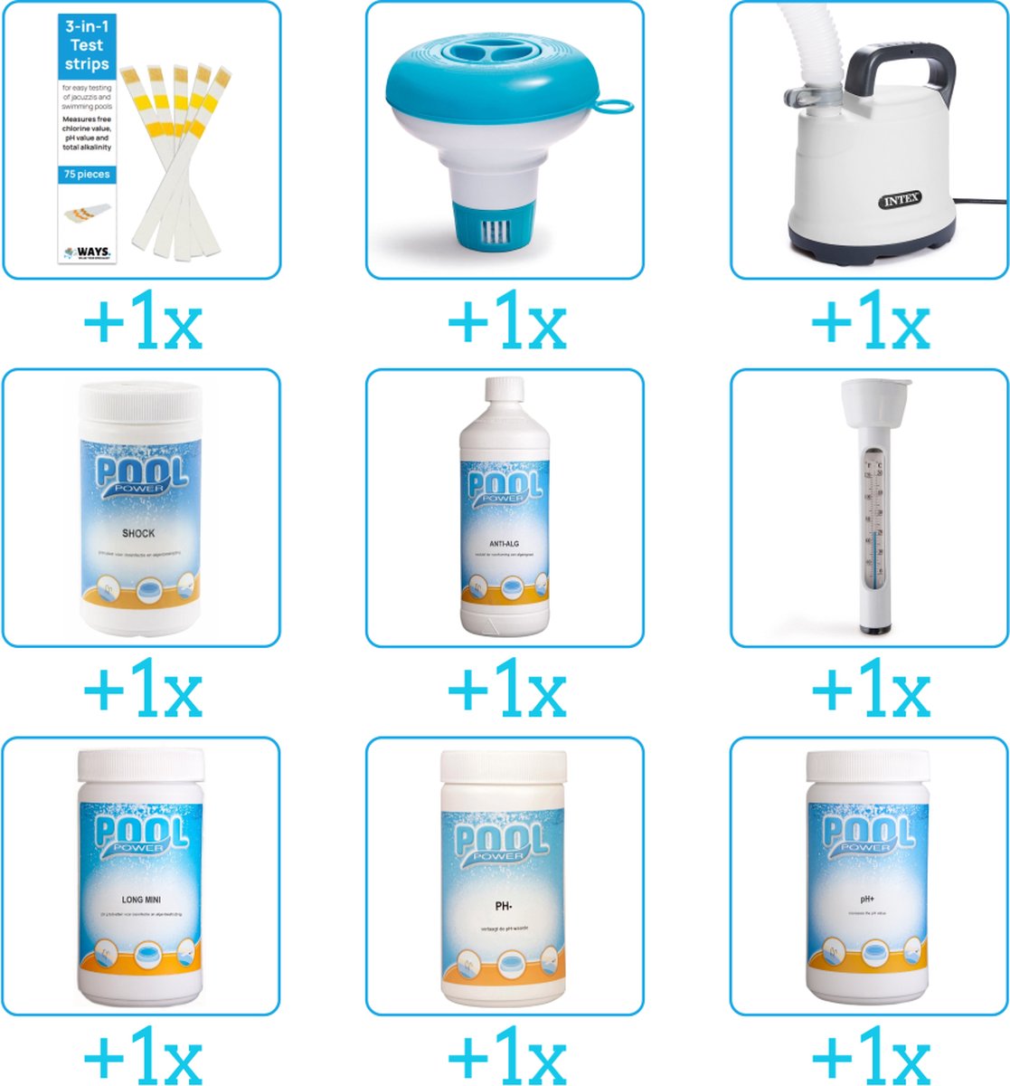 Alles-in-1 Zwembad Onderhoudspakket - bevat Chloor - PH-min - PH-plus - Chloor - Algen - Thermometer - Testrips - Chloordrijver en Dompelpomp (9-delig)
