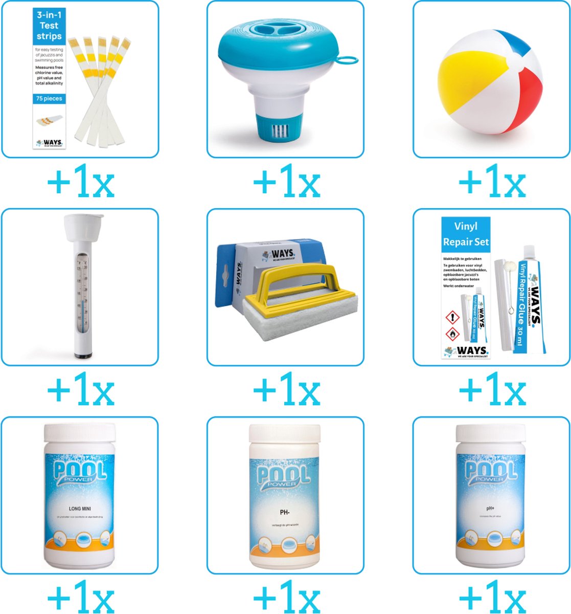 Alles-in-1 Zwembad Onderhoudspakket - bevat Chloor - PH-min - PH-plus - Thermometer - Scrubborstel - Reparatiesetje - Testrips - Chloordrijver en Strandbal (9-delig)