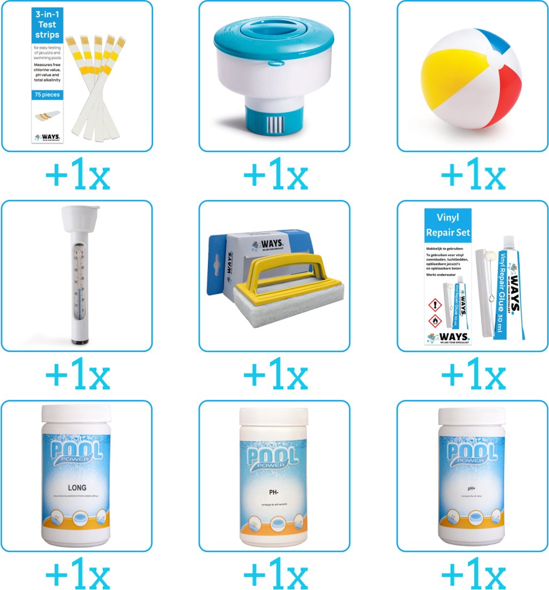 Alles-in-1 Zwembad Onderhoudspakket - bevat Chloor - PH-min - PH-plus - Thermometer - Scrubborstel - Reparatiesetje - Testrips - Chloordrijver en Strandbal (9-delig)
