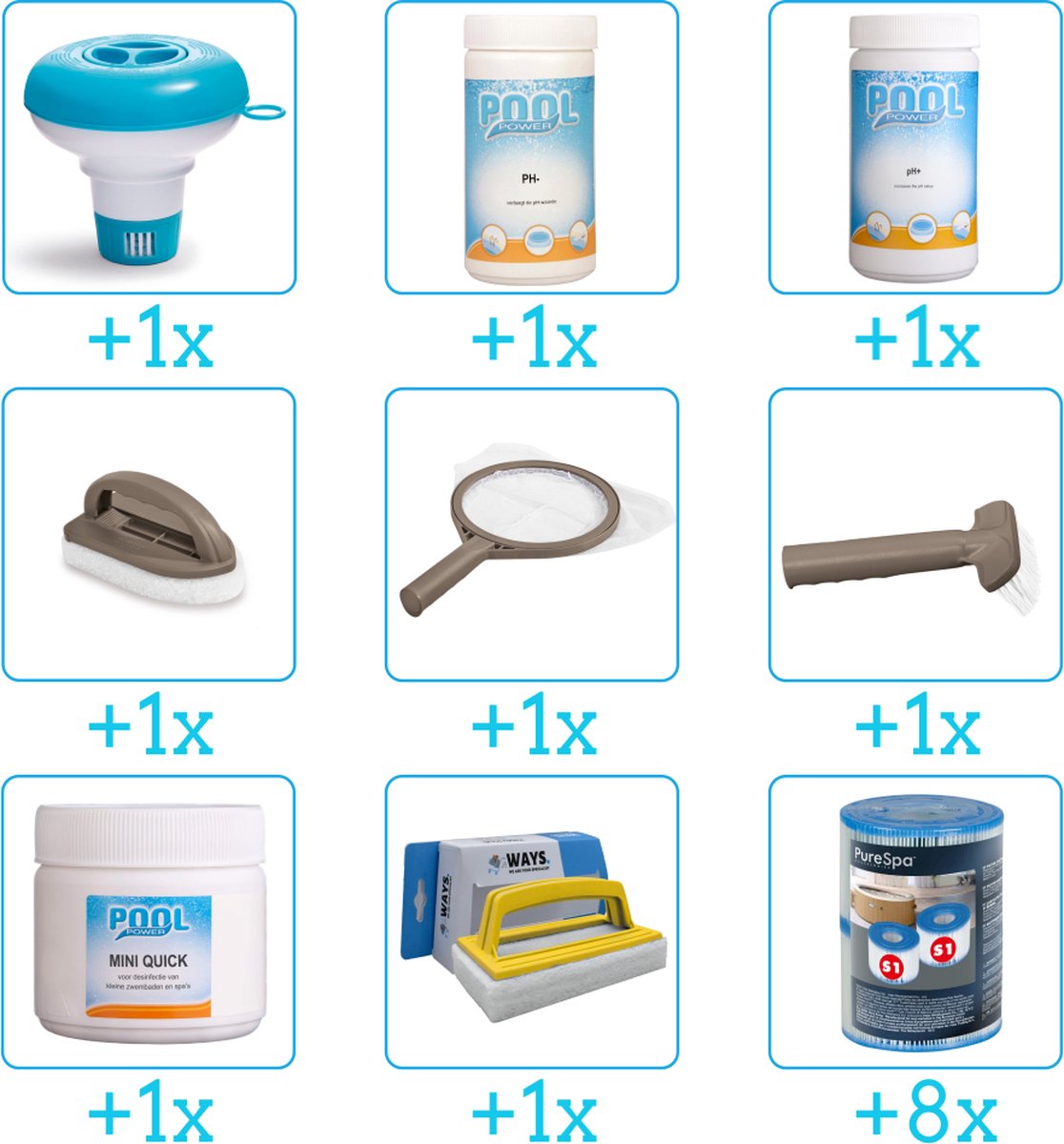 Spa Onderhoudsset - Compleet Onderhoudspakket - bevat Chloor - Scrubpad - Schepnet - Borstel - Scrubborstel - Filters - Chloordrijver - PH-min en PH-plus (9-delig)