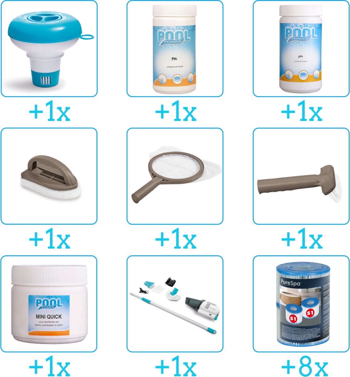 Spa Onderhoudsset - Compleet Onderhoudspakket - bevat Chloor - Scrubpad - Schepnet - Borstel - Stofzuiger - Filters - Chloordrijver - PH-min en PH-plus (9-delig)