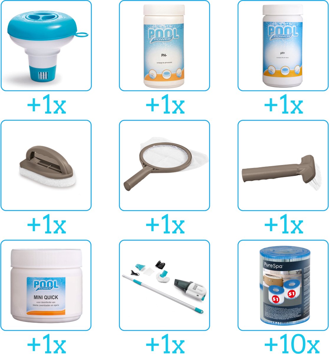 Spa Onderhoudsset - Compleet Onderhoudspakket - bevat Chloor - Scrubpad - Schepnet - Borstel - Stofzuiger - Filters - Chloordrijver - PH-min en PH-plus (9-delig)