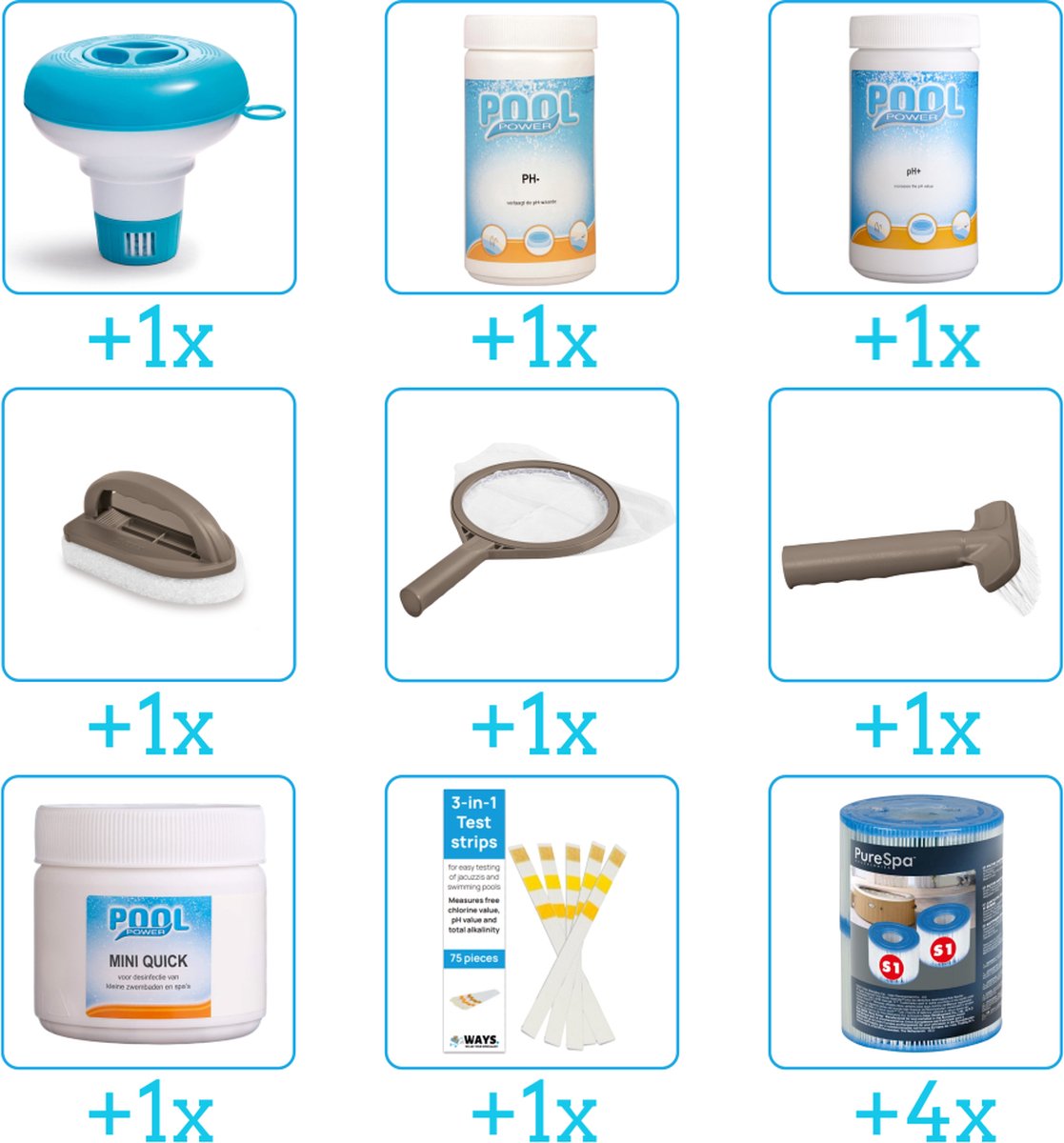 Spa Onderhoudsset - Compleet Onderhoudspakket - bevat Chloor - Scrubpad - Schepnet - Borstel - Testrips - Filters - Chloordrijver - PH-min en PH-plus (9-delig)