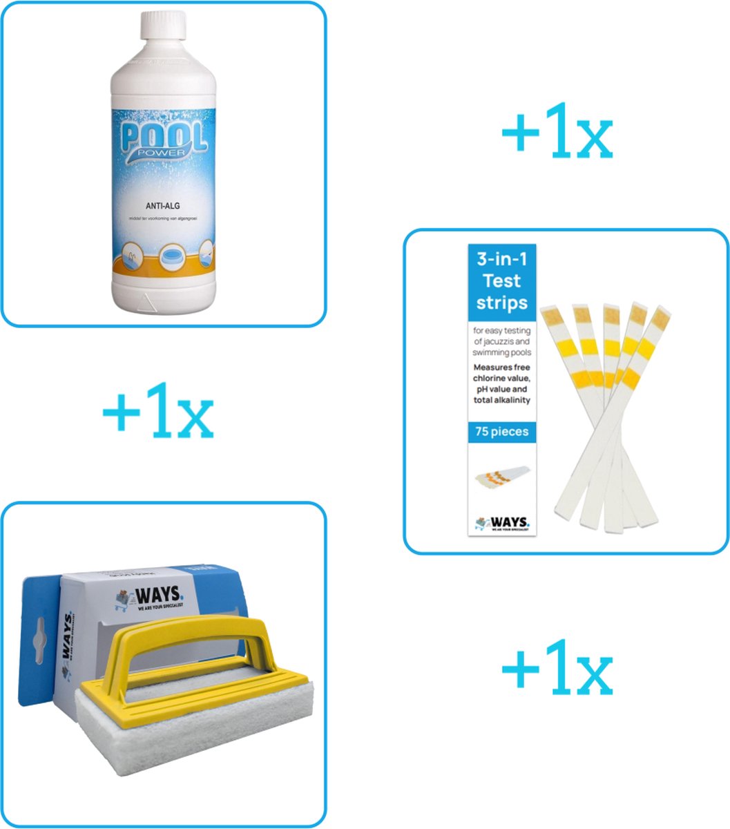 Zwembad Onderhoudsbundel - Zwembad Onderhoud Starterspakket bevat Anti Alg - Testrips en Scrubborstel - Ideaal tegen algvorming (3-delig)