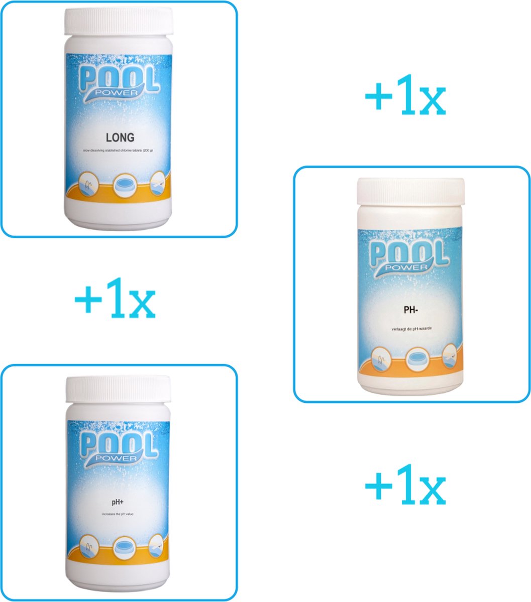 Zwembad Onderhoudsbundel - Zwembad Onderhoud Starterspakket bevat Chloor - PH-min en PH-plus - Ideaal voor grote Zwembaden (3-delig)