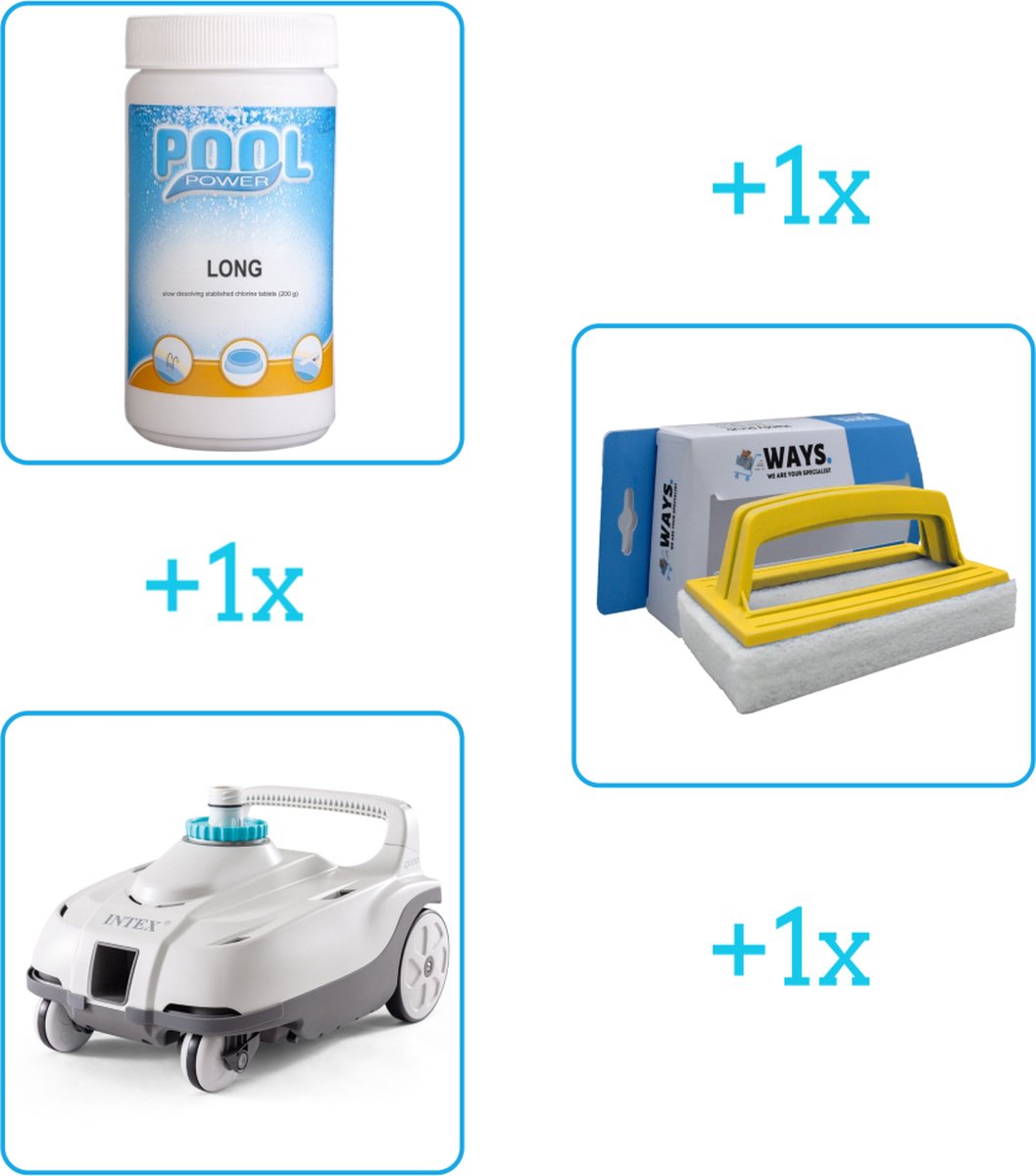 Zwembad Onderhoudsbundel - Zwembad Onderhoud Starterspakket bevat Chloor - Scrubborstel en Stofzuiger - Ideaal voor grote Zwembaden (3-delig)