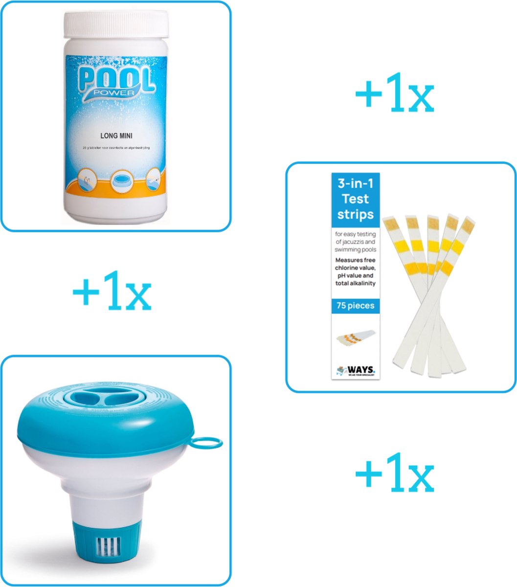 Zwembad Onderhoudsbundel - Zwembad Onderhoud Starterspakket bevat Chloor - Testrips en Chloordrijver - Ideaal voor Opzetzwembaden (3-delig)