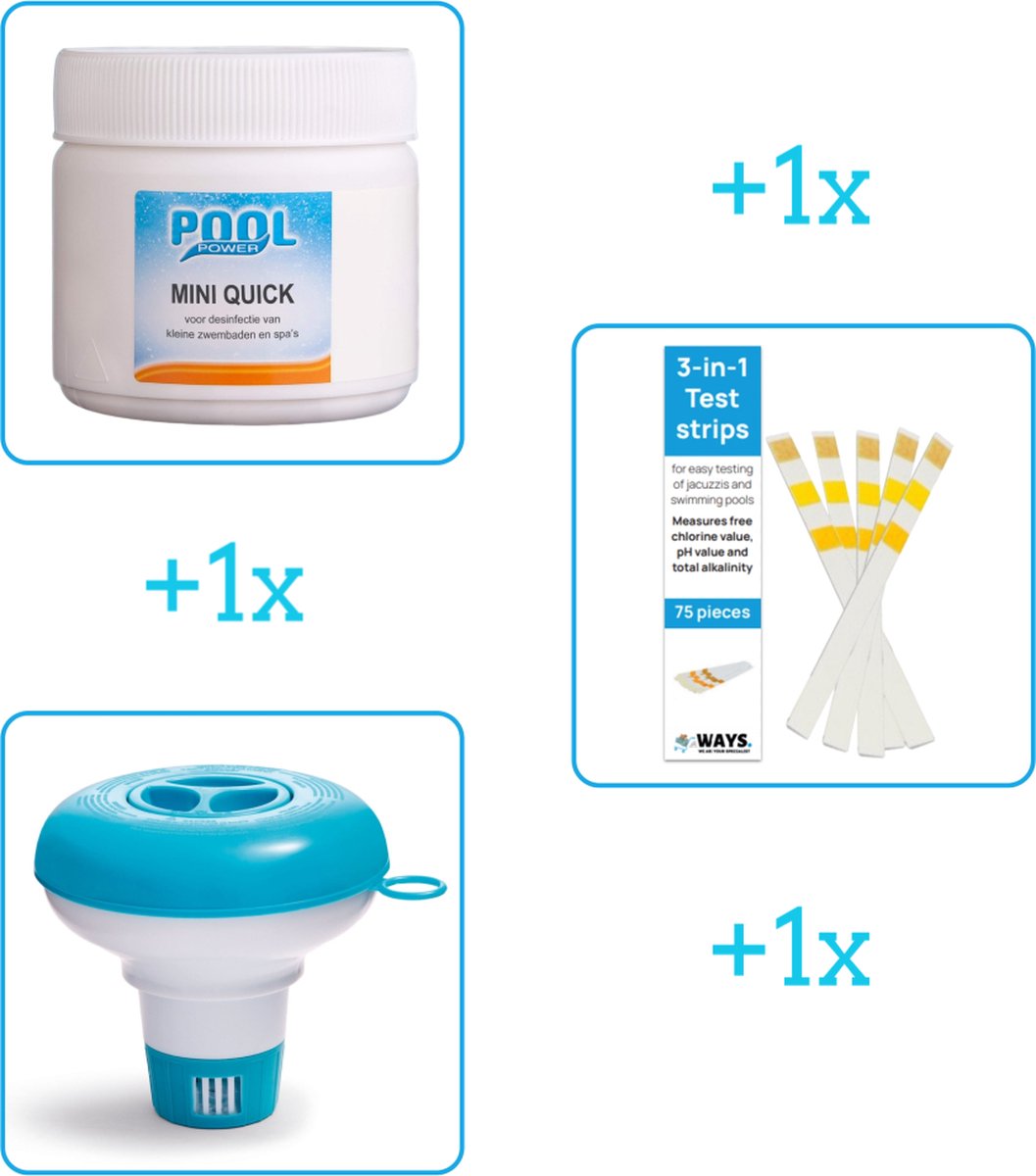 Zwembad Onderhoudsbundel - Zwembad Onderhoud Starterspakket bevat Chloor - Testrips en Chloordrijver - Ideaal voor kleinere Zwembaden (3-delig)