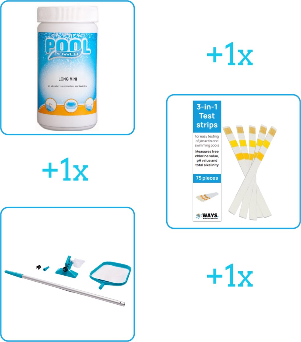 Zwembad Onderhoudsbundel - Zwembad Onderhoud Starterspakket bevat Chloor - Testrips en Schoonmaakset - Ideaal voor Opzetzwembaden (3-delig)