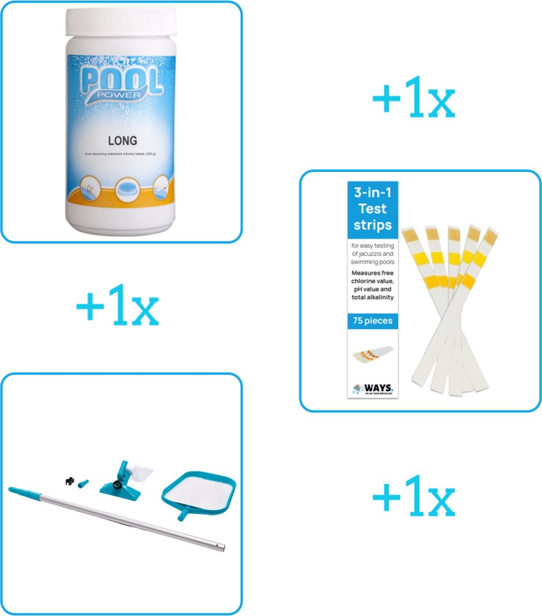 Zwembad Onderhoudsbundel - Zwembad Onderhoud Starterspakket bevat Chloor - Testrips en Schoonmaakset - Ideaal voor grote Zwembaden (3-delig)