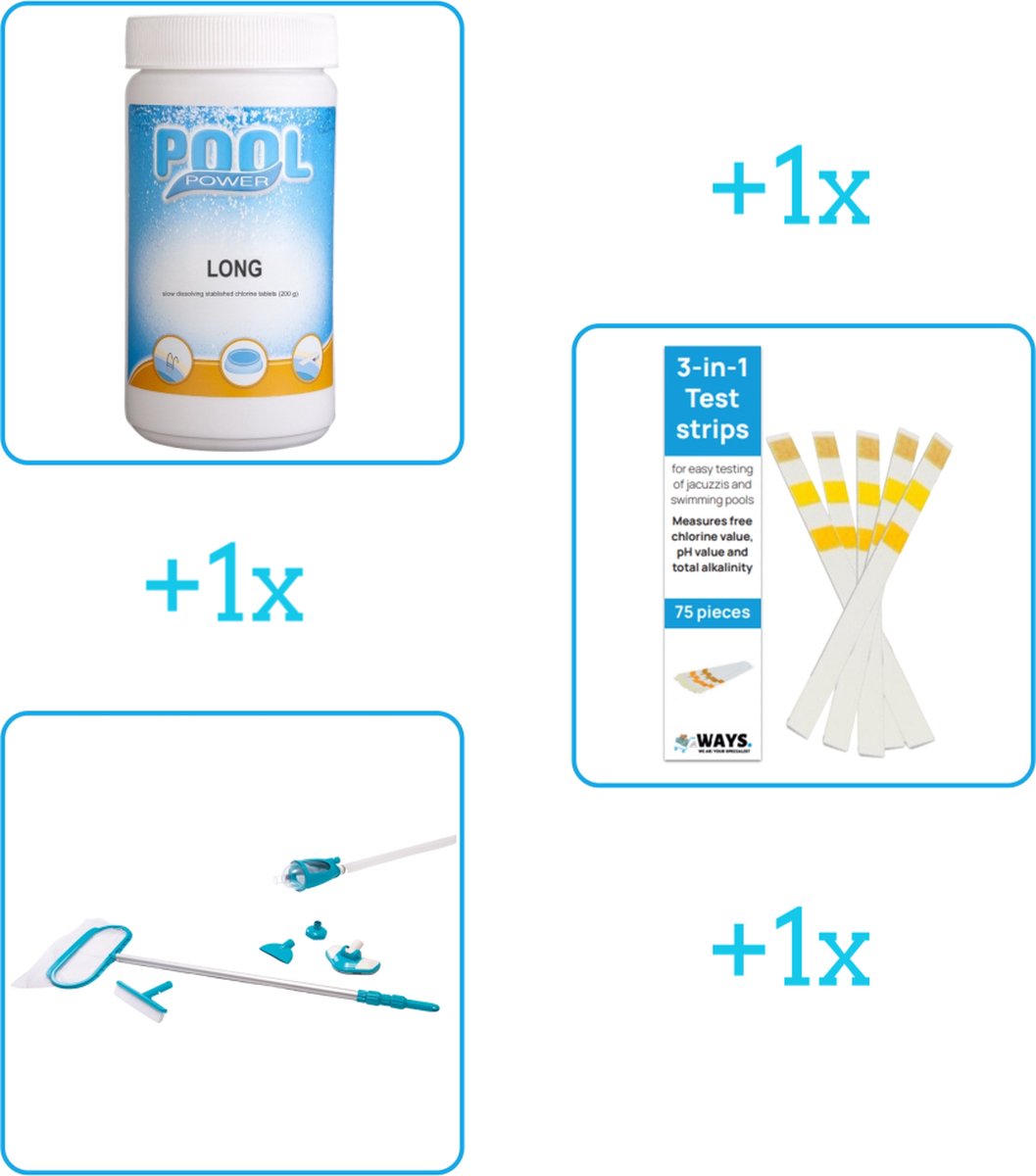 Zwembad Onderhoudsbundel - Zwembad Onderhoud Starterspakket bevat Chloor - Testrips en Schoonmaakset - Ideaal voor grote Zwembaden (3-delig)